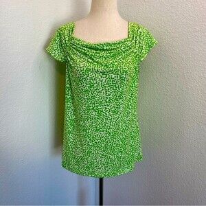 Jones NY Shoulder Gathered Detail Cap Sleeve Scoop Neck Green White Dots Size PL